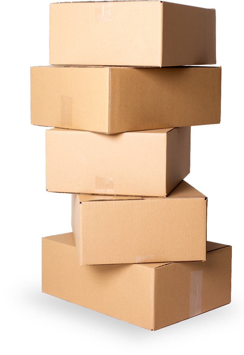 five cardboard boxes stacked
